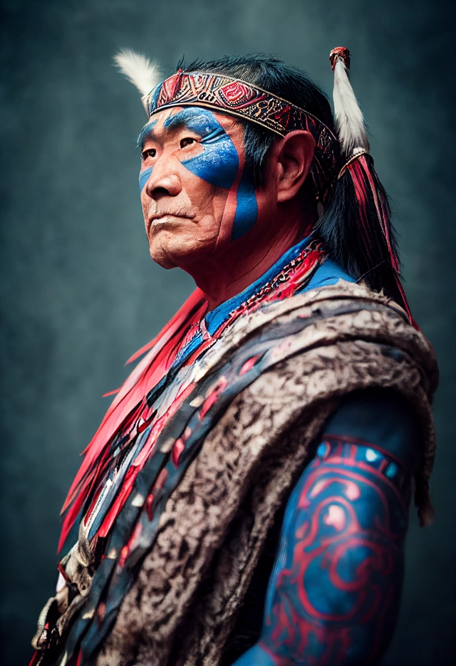 Old warrior chief, tribal panther make up, blue on red-趣窝