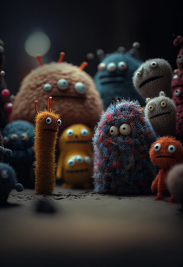 Felt monsters in a movie scene and dramatic lighting-趣窝